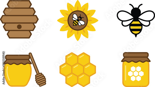 Colorful bee and honey themed icons featuring hive, honeycomb, sunflower, honey jars, cute bees, natural beekeeping illustrations for organic products