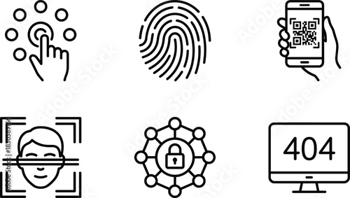 Biometric authentication and cybersecurity line icons featuring fingerprint scan, face recognition, QR verification, secure network lock, digital access error symbols