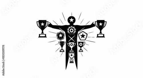 Human figure adorned with trophies, symbolizing achievement and success in a radiating pattern.