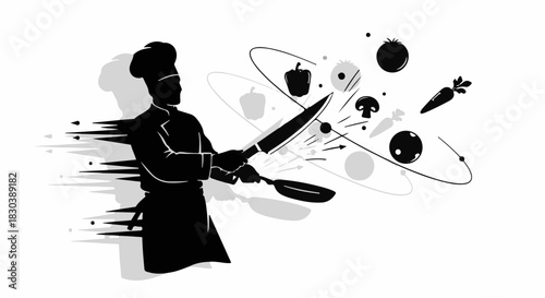 Dynamic chef skillfully preparing food with swirling ingredients and motion blur