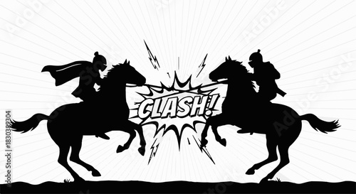 Silhouettes of two warriors on horseback facing each other in a dramatic clash.