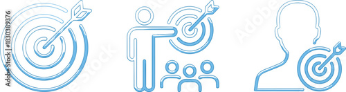 Blue line-style target icons showing goal achievement, marketing audience focus, business strategy, leadership training and personal target success concept design