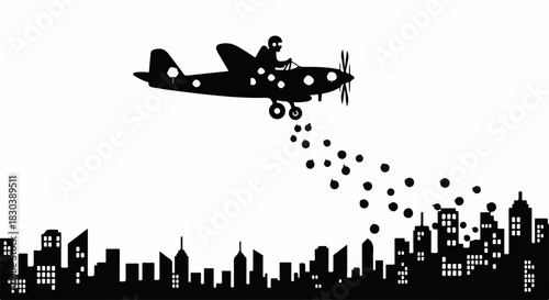 Whimsical pilot in polka dot plane drops confetti over silhouetted cityscape