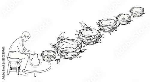 Potter shapes clay on wheel, transitioning to growing bird nests with chicks.