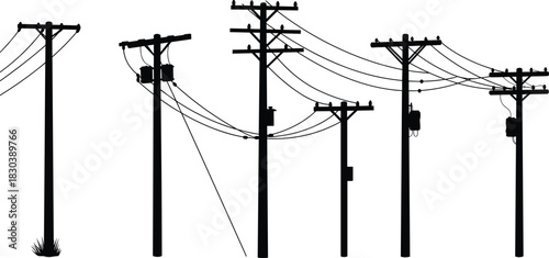 Electric power poles with transformers and utility wires silhouette, rural electricity infrastructure, high voltage energy distribution network design illustration concept.