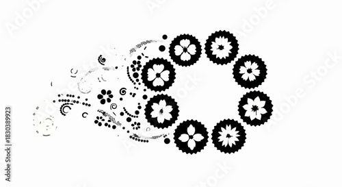 Intricate mechanical gears and floral patterns form a dynamic circular design, symbolizing innovation and nature.