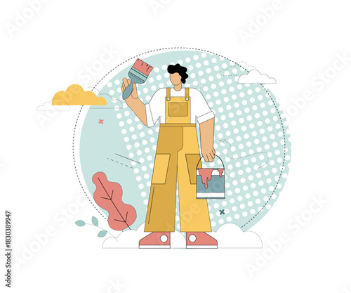 Painter. A man with a brush and a bucket of paint. Concept of repair and painting work. Vector flat illustration.eps