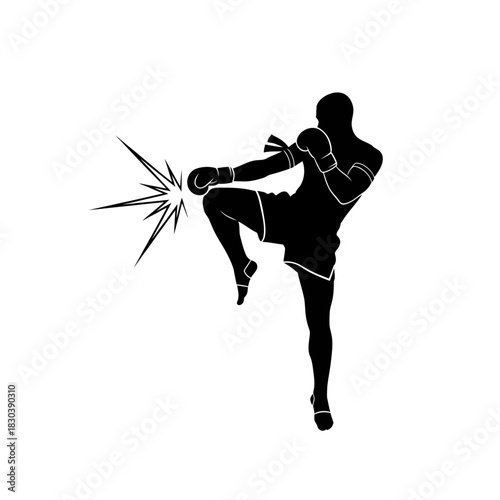 Silhouette of a Muay Thai fighter executing a powerful knee strike, a vector icon representing combat sports and kickboxing
