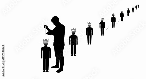 Silhouette of a person placing a crown on another's head, symbolizing leadership or achievement in a line of figures.