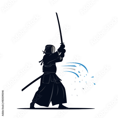 Silhouette of a Kendo martial artist in a dynamic striking stance, representing the traditional art of Japanese swordsmanship
