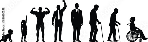 Life stages evolution silhouettes showing human growth from infancy to childhood, adulthood, aging, and senior disability, representing time, change, and development