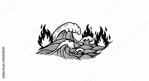 Fiery ocean waves crashing with intense flames, symbolizing powerful natural forces.