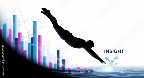Silhouette of a person diving into water with financial charts in the background, symbolizing deep insight and analysis.