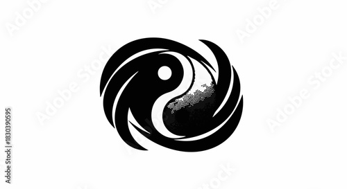 Stylized yin yang symbol with swirling dark energy and a touch of light, representing balance and harmony