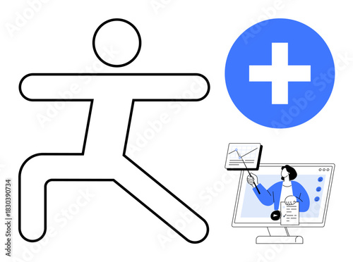 Health and wellness concept. Human figure exercise, blue medical cross links to health, and digital consultation portrays online health services. For healthcare, wellness apps, fitness, digital