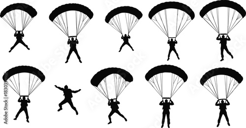 Parachutist silhouettes with open parachutes, skydiving descent, extreme aerial sport, outdoor adventure, aviation training, freefall activity, adrenaline lifestyle, dynamic recreation illustration