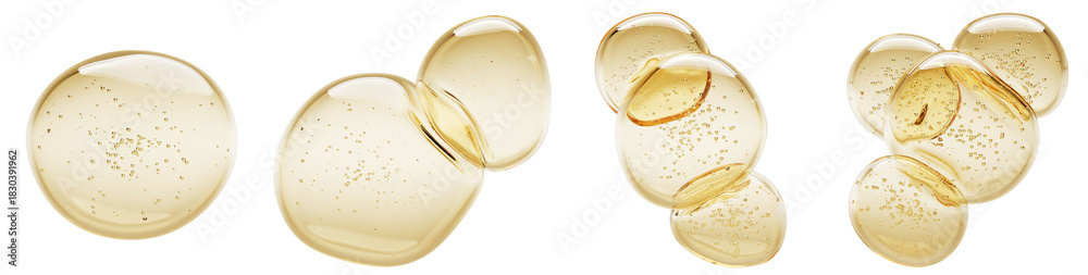 Obraz premium Gold argan oil drops with bubbles 3d render set. Honey, liquid serum, collagen gel or retinol vitamin balls. Clear yellow blobs of hyaluronic essence or keratin for skin or hair care