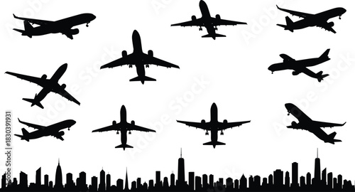 Silhouette of airplanes flying above modern city skyline, aviation travel concept, commercial aircraft, urban background, transportation, air travel industry scene.
