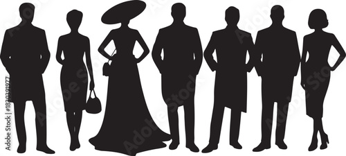 Elegant silhouette crowd shows men and women in formal attire with transparent background