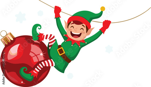 Playful cartoon Christmas elf character hanging on a string with a large red bauble isolated on white background vector.