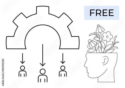 Cogwheel distributing ideas to individuals symbolizes teamwork flowering head conveys creativity, mental growth. Ideal for knowledge sharing, creativity, growth, teamwork, education, innovation