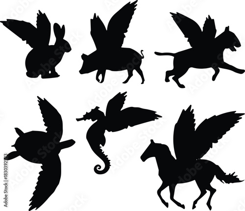 Vector collection of black silhouettes featuring fantasy animals with wings like flying pig and pegasus isolated on white background