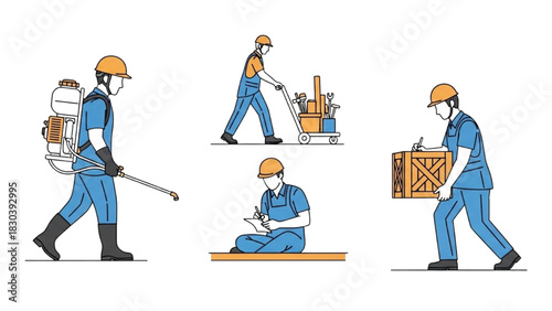 Colorful Construction Worker Actions Set – Black Outline Art of Sprayer, Tool Trolley, Beam Notes, Safe Lifting Pose Illustration
