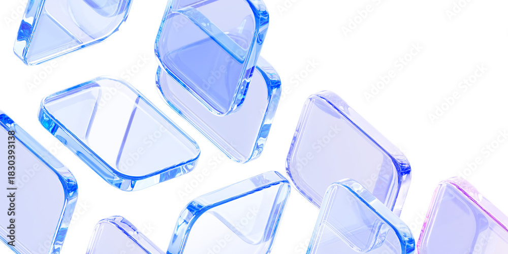 Obraz premium Abstract light blue 3d background with glass transparent square plate shapes render. Crystal block geometric pattern. Futuristic digital tech banner. Holographic gradient wallpaper