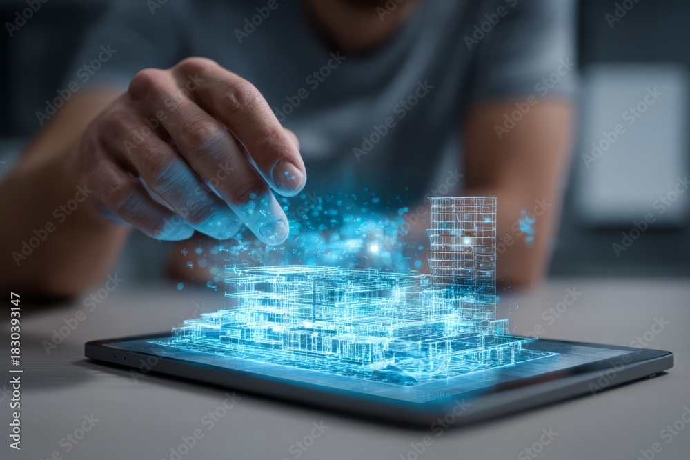 © grey - Hand manipulating a glowing holographic model projected above a digital tablet. © grey - Hand manipulating a glowing holographic model projected above a digital tablet.