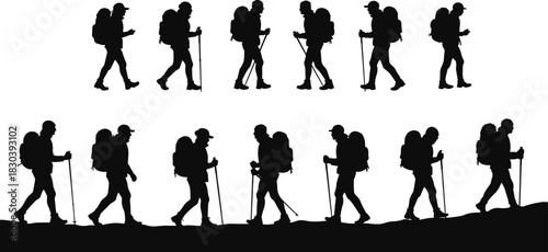 Silhouette of hikers walking with backpacks and trekking poles, mountain adventure, outdoor exploration, travel lifestyle, hiking people collection