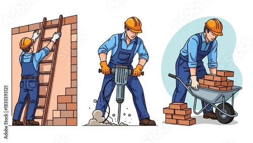Construction Worker Action Set – Colorful Black Outline Art of Ladder Setup, Jackhammer Use, and Brick Loading