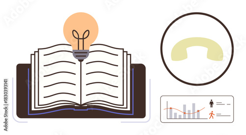 Open book with glowing light bulb atop highlighting ideas and learning. Chart with human figures and handset icon suggest communication, education tools, and progress. Ideal for learning, knowledge