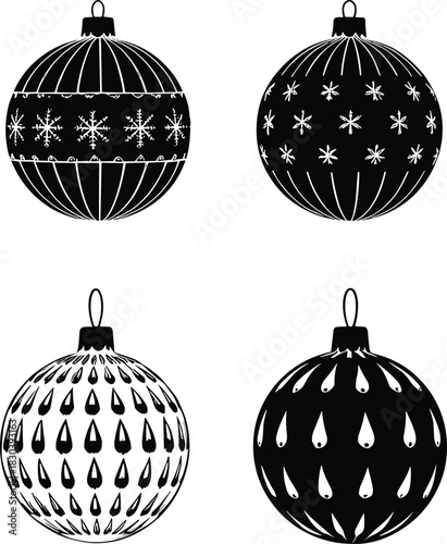 Christmas ornament silhouettes, snowflake pattern icons, festive decoration vector, black and white clipart, holiday design, teardrop shapes, seasonal graphic