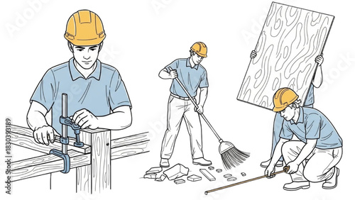 Construction Worker Action Icons – Colorful Outline Clamp Tightening, Sweeping, Measuring, and Plywood Carrying Illustrations