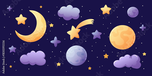 Colorful night sky illustration featuring a bright crescent moon, shining stars, fluffy purple clouds, and stylized planets. The whimsical artwork has a soft, dreamy atmosphere, perfect for children s