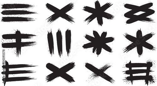 Black ink brush stroke elements and symbols splatter