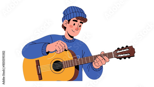 Person tuning a guitar with a pick, musician practicing string instrument, hobbyist learning music