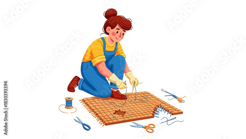 Cartoon illustration of a woman in overalls crafting a handmade rug, a creative hobby and DIY textile art