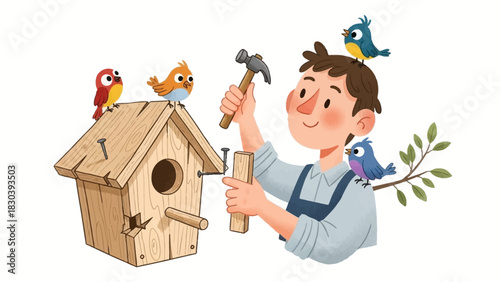 A man building a birdhouse surrounded by cute birds in a whimsical artistic style