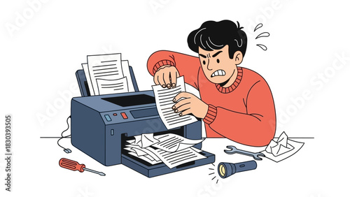 An angry and stressed man struggles to fix a jammed office printer, pulling out crumpled paper