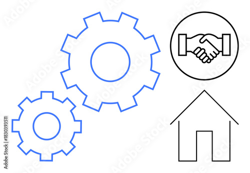 Collaboration concept. Gears signify teamwork and efficiency, handshake trust and partnership, and house projects or agreements related to home. Perfect for business, construction, teamwork