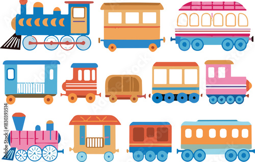 Vector set of cute colorful cartoon steam train locomotives and railway wagons isolated on white background for kids
