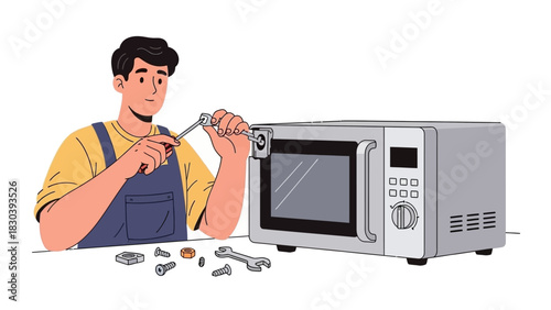Man repairing a microwave oven with tools, concept of appliance maintenance and home repair