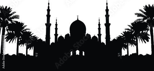 Mosque silhouette with palm trees isolated on transparent background