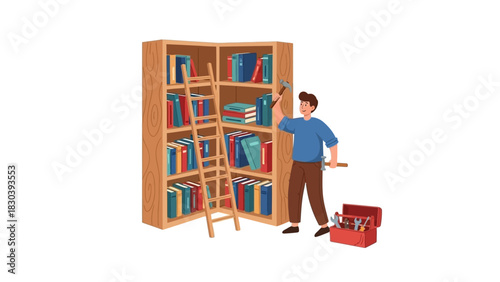 A handyman character building and installing new custom wooden furniture, a large corner bookcase for a home library