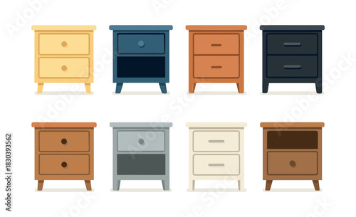 Modern nightstands, drawers and cabinets, flat vector illustration
