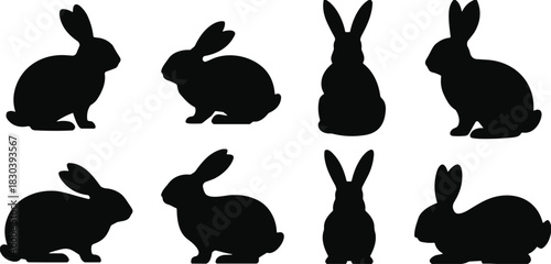 Collection of rabbit silhouettes in various poses, cute bunny animal shapes for Easter design, black vector icons set, cad drawing flat vector illustration