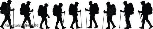 Silhouette of hikers walking with backpacks and trekking poles, mountain hiking adventure, outdoor exploration, travel lifestyle, hiking people collection
