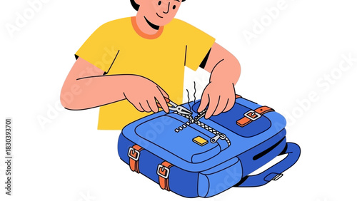 Young person carefully repairing a broken zipper on a blue backpack with pliers, demonstrating practical DIY skills and problem-solving