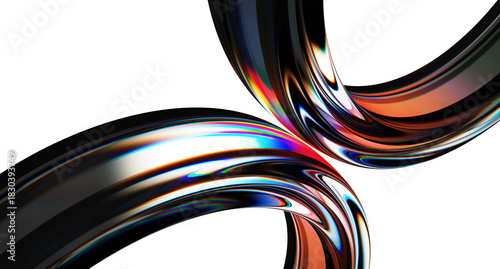 Принти на полотні 3d iridescent liquid glass ribbon wave line with neon rainbow light texture on abstract black background